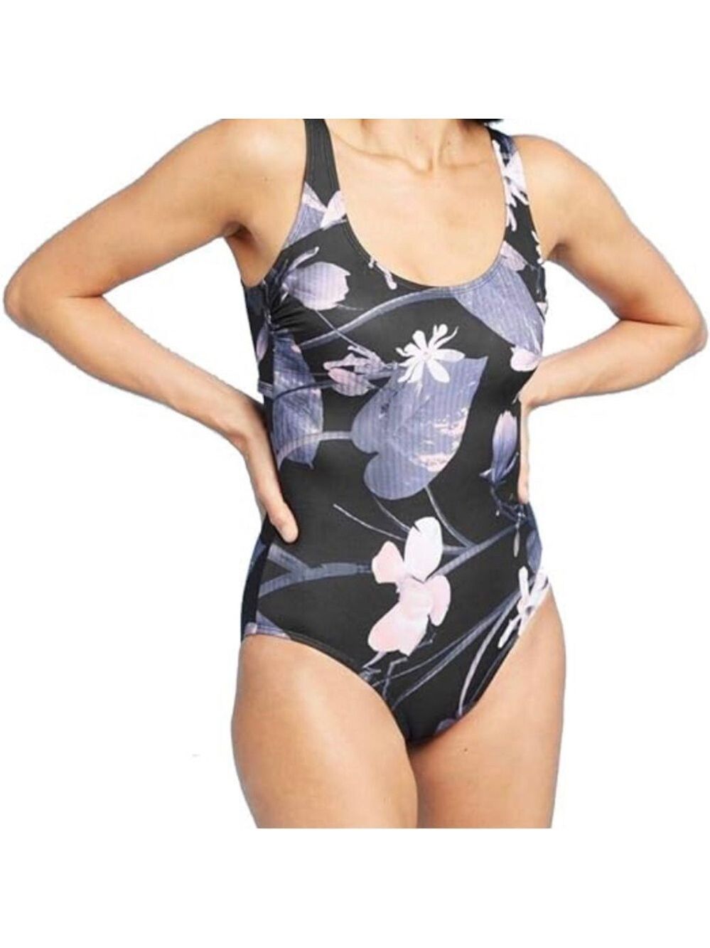 NWOT All In Motion Black Floral Cross Back One-Piece Swimsuit - M